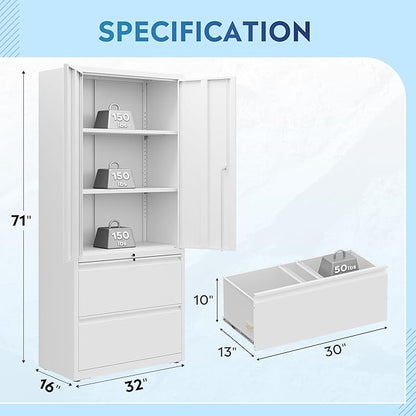 DEVAISE 71" Metal Storage Cabinet, 2-Drawer Lateral File Cabinet, Adjustable Shelves & Doors, White Garage Storage Cabinet, Heavy Duty Tall Cabinet for Home Office, Garage Organization