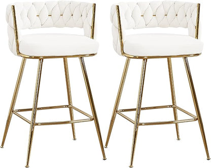 VECELO Bar Stools Set of 2, Counter Height Bar Stools, 26 inch Seat Barstools with Woven Back and Footrest for Kitchen Island Counter, White