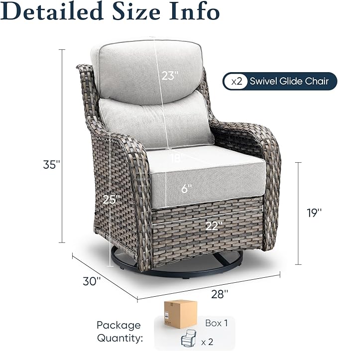 Belord Luxury 6" Thick Cushioned Outdoor Swivel Rocker Patio Chairs of 2, High Back Wicker Patio Furniture Set with Ergonomic Zone Back, Conversation Glider Set for Deck Porch - Grey+Beige