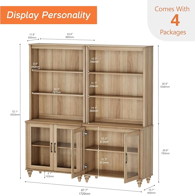 WAMPAT 5 Tier Bookshelf 72" Tall Bookcase with Glass Doors,Large Farmhouse Display Book Shelf with Adjustable Shelves and Storage Cabinet，Library Wood Bookshelves for Living Room,Kitchen, Oak(2PCS)