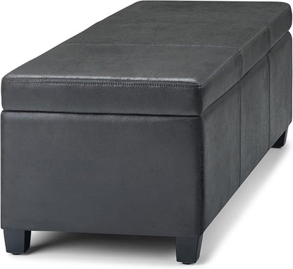 SIMPLIHOME Avalon 48 inch Wide Contemporary Rectangle Storage Ottoman Bench in Distressed Black Distressed Vegan Faux Leather, Assembled, For the Living Room, Entryway and Family Room