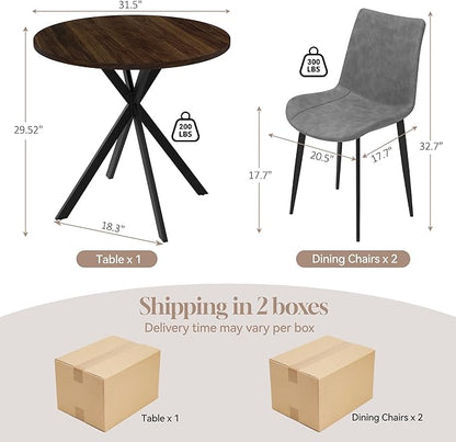 31.5" Round Dining Table and Chairs Set for 2, Small Dining Table Chairs Set Space-Saving, Small Dinette Sets for 2 for Kitchen Dining Room Apartment(Walnut Table + Gray Chairs)
