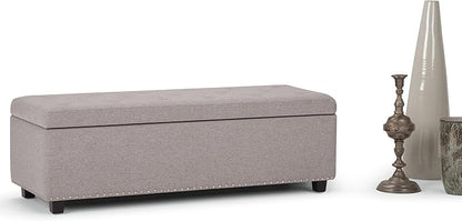 SIMPLIHOME Hamilton 48 inch Wide Transitional Rectangle Storage Ottoman in Cloud Grey Linen Look Fabric, Assembled, For the Living Room, Entryway and Family Room