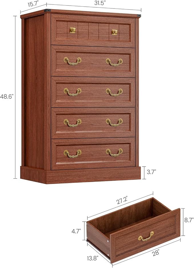 AOGLLATI Farmhouse 5 Drawers Dresser for Bedroom, 48” Tall Wood Rustic Chest of Drawers with Natural Texture, Vintage Design, Black Storage Dresser for Bedroom,Oak Brown