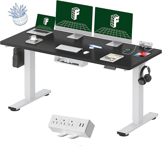 FLEXISPOT EN2 Whole-Piece Standing Desk with Clamp Power Strip, 60 x 24 Electric Stand Up Height Adjustable Desk with Cable Management (White Frame + 60" Black Desktop, 2 Packages)