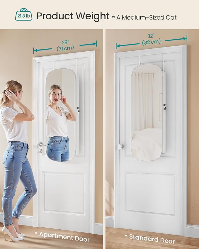 SONGMICS Jewelry Organizer, LED Jewelry Cabinet Wall/Door Mounted, Lockable Rounded Wide Mirror with Storage, Christmas Gift 3.9 x 16.5 x 42.5 Inches, White Surface with Greige Lining