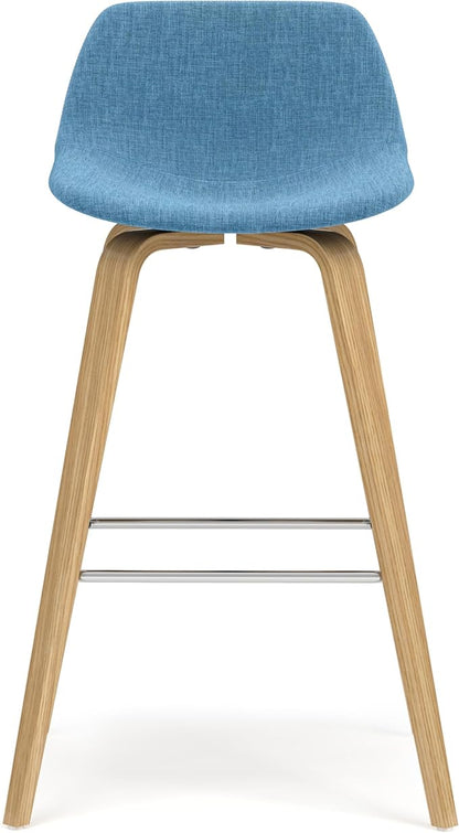 SIMPLIHOME Randolph Counter Stools (Set of 2) - 28 Inch Seat Height Upholstered Bentwood Kitchen Seats in Medium Blue Polyester Linen, Mid Century Modern Seating with Curved Backrest and Footrest
