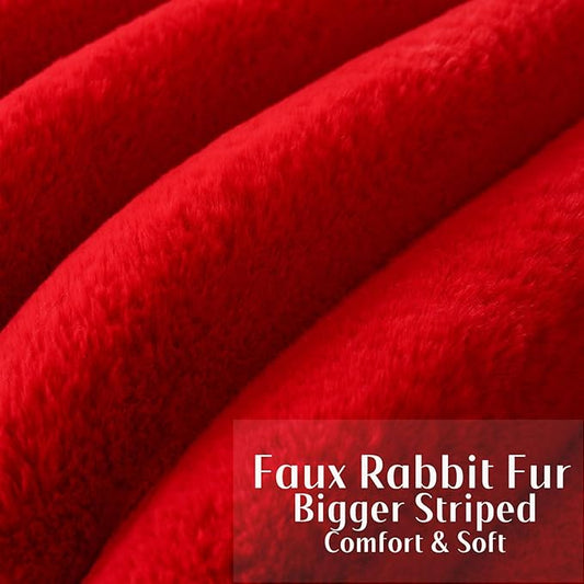 FUTEI Christmas Red Decorative Throw Pillow Covers 24x24 Inch Set of 2, Square Soft Faux Rabbit Fur Thick Striped European Cushion Covers,Winter Home Decor for Couch Bed Living Room