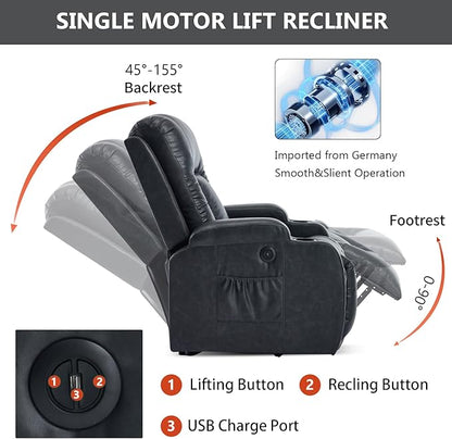 PELUMY Manual Lift Recliner Chair for Elderly with Massage & Heat, Oversized Heavy Duty 350 lbs Recliner with Cup Holders & USB Ports, Infinite Positioning Lift Chair (Breathable Leather, Dark Grey)