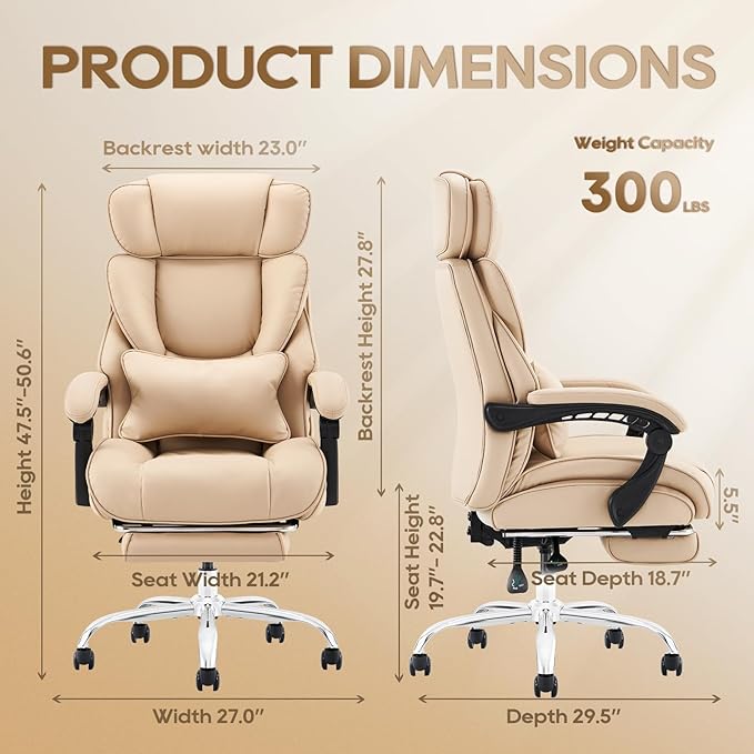 COLAMY Office Chair with Retractable Footrest, Ergonomic High Back Design Executive Computer Desk Chair with Removable Lumbar Pillow, 90-135°Reclining, Thick Bonded Leather for Home Office Work, Khaki