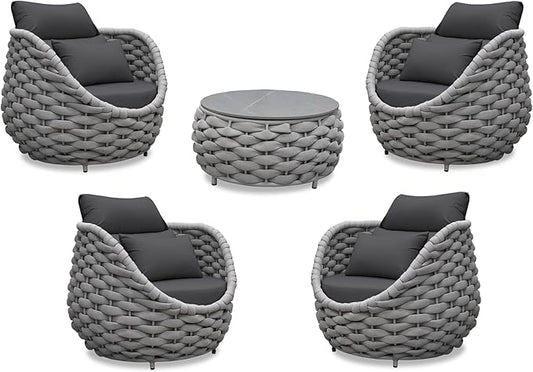 Woven Rope Deck Furniture Set: 5 Pieces Aluminum Patio Conversation Set All Weather - Cushioned Outdoor Sofa Set Assembled - Metal Modern Couch Set for 400 lbs Porch Deck Garden Poolside Hotel