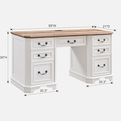 RedLemon 60" Executive Desk with Drawers,Wood Home Office Desk, Featuring Keyboard Tray,Charging Station,File Drawer, Storage Cabinet,for Work and Study (Antique White)