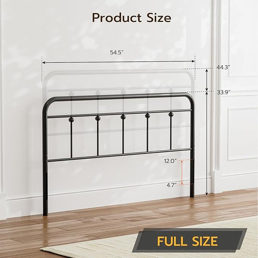 Full Size Headboard with Black Metal Construction, Adjustable Height, Spindle Detail and Elegant Curves Design, Farmhouse and Vintage Style,Steel Headboard Only for Bedroom