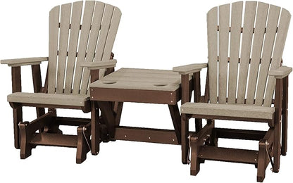 DutchCrafters Slat Fan Back Double Poly Adirondack Glider Outdoor Patio Chairs with Center Table (Tudor Brown & Weatherwood)