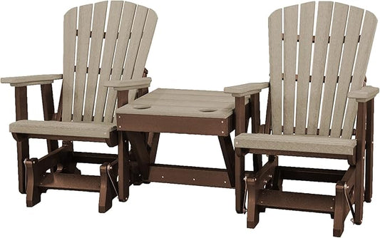 DutchCrafters Slat Fan Back Double Poly Adirondack Glider Outdoor Patio Chairs with Center Table (Tudor Brown & Weatherwood)