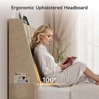 Ergonomic Upholstered Full Size Headboard w/Charging Station, Linen Wingback Headboards w/Storage Pocket, Full Headboard Only, Bed Frame Adapters, Sturdy Solid Wood Bed Head Board, Beige