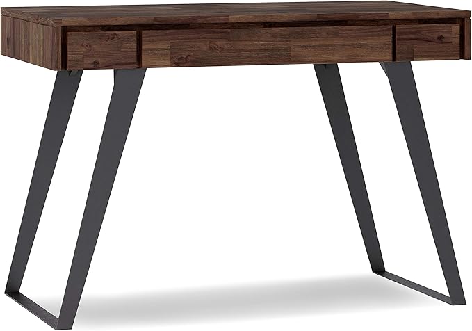 SIMPLIHOME Lowry Small Desk - 44-Inch Wide Solid Acacia Wood and Metal Writing Desk in Distressed Charcoal Brown, Modern Industrial Home Office Table with 2 Drawers and Flip-Down Keyboard Tray