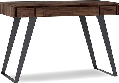 SIMPLIHOME Lowry Small Desk - 44-Inch Wide Solid Acacia Wood and Metal Writing Desk in Distressed Charcoal Brown, Modern Industrial Home Office Table with 2 Drawers and Flip-Down Keyboard Tray