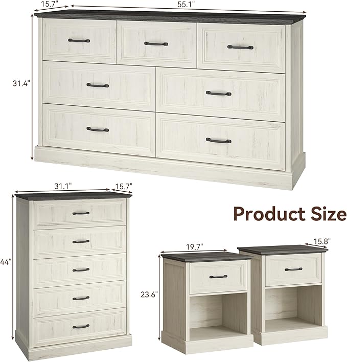 Farmhouse Dresser and Nightstand Sets, 4Pcs Bedroom Furniture Set, Nightstand Set of 2 & 55" Wide 7 Drawer and 44" Tall 5 Drawer Dresser with Large Drawers & Bar Handles, White