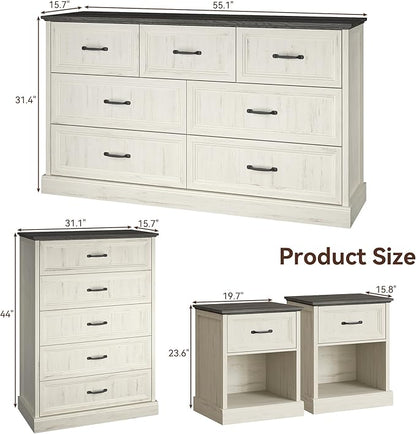 Farmhouse Dresser and Nightstand Sets, 4Pcs Bedroom Furniture Set, Nightstand Set of 2 & 55" Wide 7 Drawer and 44" Tall 5 Drawer Dresser with Large Drawers & Bar Handles, White