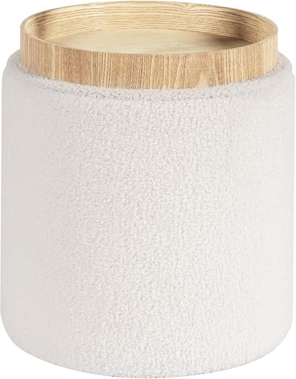 PINPLUS Round Storage Ottoman Boucle Ottoman with Tray, Teddy Velvet Footstool Cube for Living Room, Bedroom, Dorm 13.4"x13.4"x15" (White)