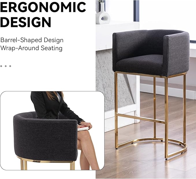 Contemporary Charcoal Linen Bar Stools Set of 4, 32" Upholstered Fabric Counter Height Barstool Kitchen Counter Island Stools with Golden Metal Base