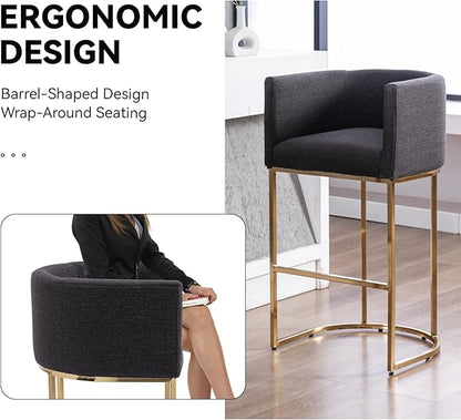 Contemporary Charcoal Linen Bar Stools Set of 4, 32" Upholstered Fabric Counter Height Barstool Kitchen Counter Island Stools with Golden Metal Base