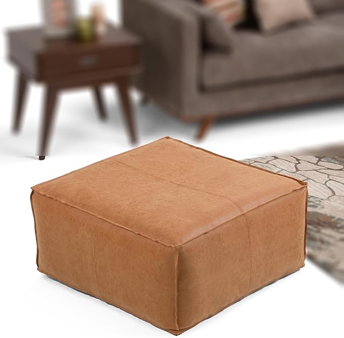 SIMPLIHOME Brody 30-inch Wide Large Square Coffee Table Pouf in Distressed Brown, Vegan Faux Leather Ottoman, Footrest, or Extra Seating for Living Room, Assembled