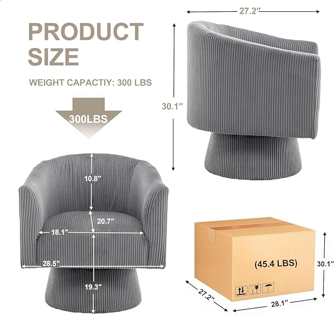 Swivel Accent Chair Set of 2, Modern 360° Swivel Barrel Chair, Corduroy Upholstered Single Sofa for Living Room, Bedroom(Gray)