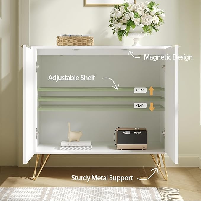 Fluted Storage Cabinet, Set of 2, Sideboard Buffet Cabinet, Modern Wood Accent Cabinet with Adjustable Shelves, Console Table for Living Room, Hallway, Entryway, White