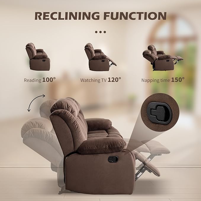 INZOY Manual Recliner Sofa with Padded Armrest, Wall-Hugger 3 Seat Reclining Love Seat Couches with Overstuffed Back, 3 Seater Reclining Chair for Living Room Theater Seating, Brown