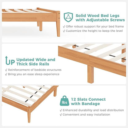 Solid Wood Queen Bed Frame, Malaysian Oak Platform Bed with Ladder Headboard, Modern Bedframe with Elevated Bed Legs, No Box Spring Needed, Noise-Free, Queen Size, Rustic Pine