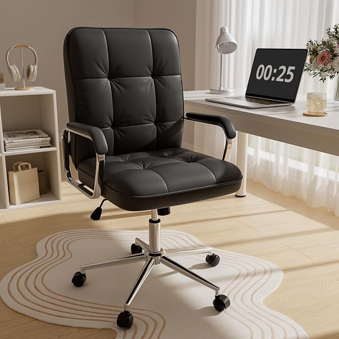 Black Leather Office Desk Chair, Swivel Computer Home Office Desk Chair with Wheels and Padded Arms, Adjustable Height and Tilt