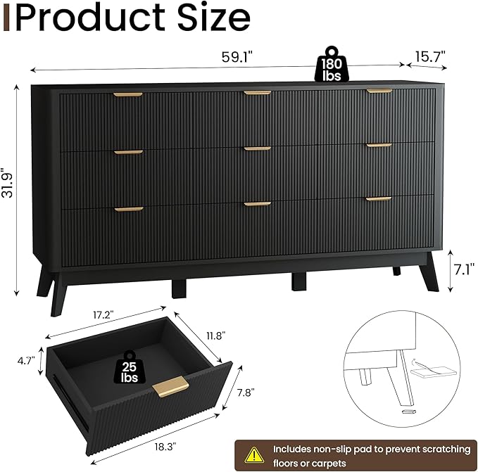 Fluted Dresser for Bedroom,59'' Modern Wooden Dresser with 9 Drawers, Bedroom Dressers, Natural Wood Chest of Drawers for Living Room, Hallway (Black)