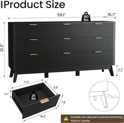 Fluted Dresser for Bedroom,59'' Modern Wooden Dresser with 9 Drawers, Bedroom Dressers, Natural Wood Chest of Drawers for Living Room, Hallway (Black)