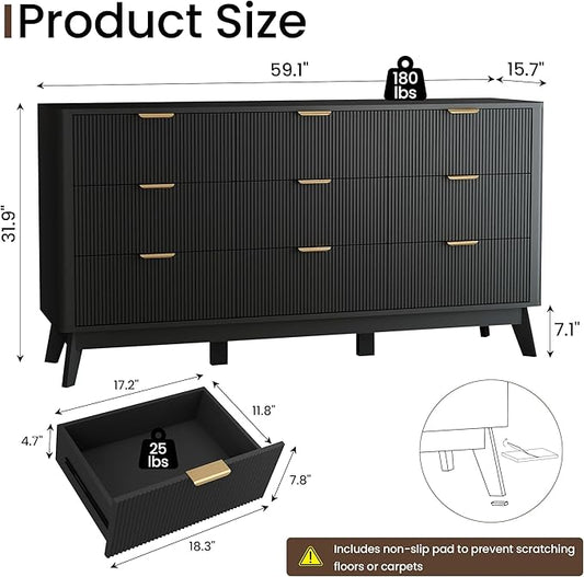 Fluted Dresser for Bedroom,59'' Modern Wooden Dresser with 9 Drawers, Bedroom Dressers, Natural Wood Chest of Drawers for Living Room, Hallway (Black)