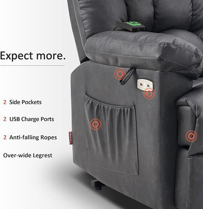 MCombo Power Lift Recliner Chair Sofa with Massage and Heat, Adjustable Headrest, 3 Positions, USB Ports, for Elderly People, 7533 (Faux Leather, Dark Gray)