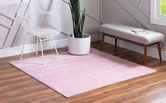 Unique Loom Trellis Frieze Collection Area Rug - Geometric (6' Square, Light Pink/ Ivory)