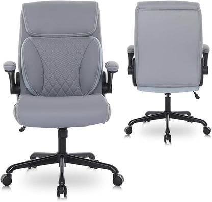 Youhauchair Executive Office Chair, Ergonomic PU Leather Computer Desk Chair with Lumbar Support, Flip-up Armrests and Adjustable Height, for Home Office, Grey