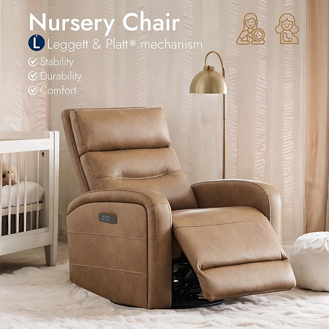 Watson & Whitely Swivel Recliner with Power Headrest, Recliner Chairs for Adults, Small Glider Rocker for Living Room, Faux Leather in Camel