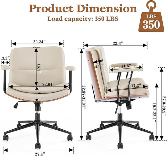Home Office Desk Chair with Armrests & Wheels, Modern Walnut Swivel Rolling Executive Task Chair, PU Leather Vanity Chair with Lumbar Support, Height Adjustable Ergonomic Computer Chair (Beige)