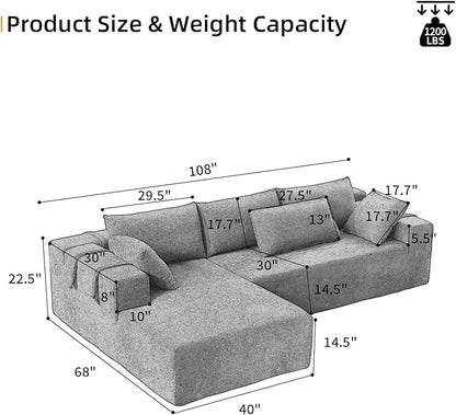 108" Modular Sectional Couch Sofa with L-Shape Chaise, Modern Cloud Comfy Sofa with Deep Seat, Upholstered Couches for Living Room Bedroom, No Assembly Required (Beige Right Facing Chaise)