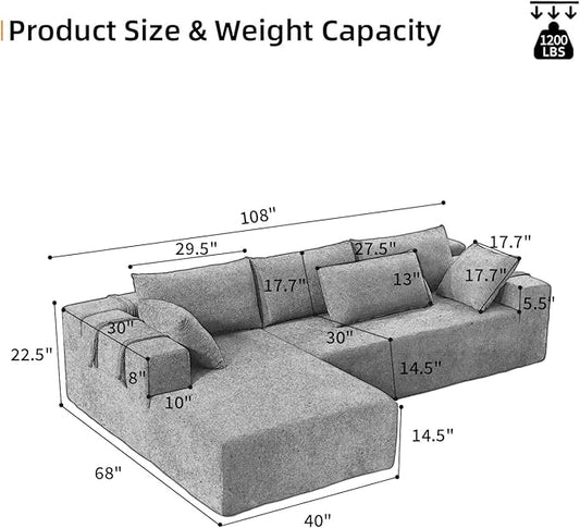 108" Modular Sectional Couch Sofa with L-Shape Chaise, Modern Cloud Comfy Sofa with Deep Seat, Upholstered Couches for Living Room Bedroom, No Assembly Required (Beige Left Facing Chaise)