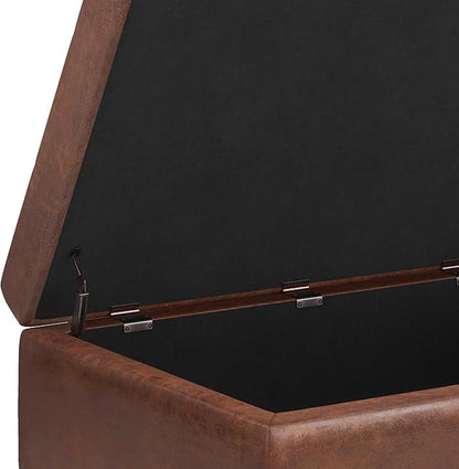 SIMPLIHOME Shay 34 inch Wide Mid Century Modern Small Rectangle Coffee Table Storage Ottoman in Distressed Saddle Brown Vegan Faux Leather, Assembled, For the Living Room, Entryway and Family Room