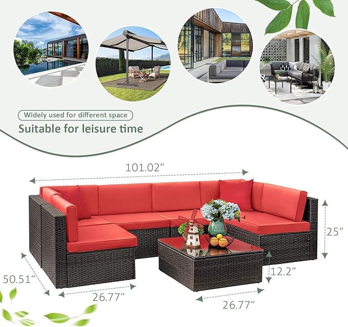 Devoko 7 Pieces Outdoor Sectional Sofa Patio Furniture Sets Manual Weaving Wicker Rattan Patio Conversation Sets with Cushion and Glass Table (Red)