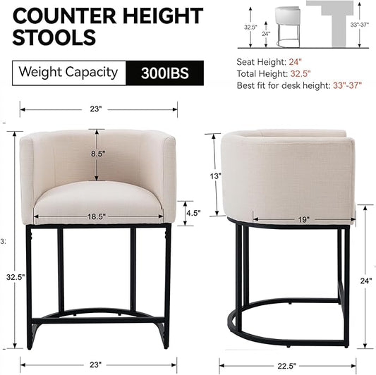 Contemporary Cream Linen Bar Stools Set of 2, 24" Upholstered Fabric Counter Height Barstools Kitchen Counter Island Stools with Black Metal Base, Cream