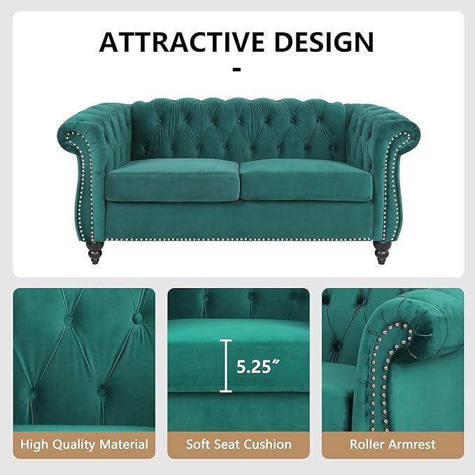 Velvet Loveseat Sofa, Mid Century Modern Upholstered Couch, 62" Oversized Comfy 2 Seater Love Seat Couch with Cushions, Tufted Chesterfield Sofa for Living Room, Bedroom, Apartment (Green)