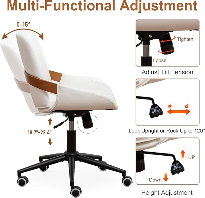 Small Home Office Chair No Arms,PU Leather Desk Chair with Wheels,Adjustable Height Work Chair,360° Swivel Computer Desk Chair for Office, Reading and Study (Beige)