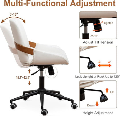 Small Home Office Chair No Arms,PU Leather Desk Chair with Wheels,Adjustable Height Work Chair,360° Swivel Computer Desk Chair for Office, Reading and Study (Beige)