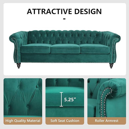 Home Sofa Living Room Furniture, 3 Seater 84" Velvet Upholstered Couch, Mid Century Modern Comfy Couch with Cushions, Classic Tufted Chesterfield Couches for Bedroom, Office, Apartment (Green)